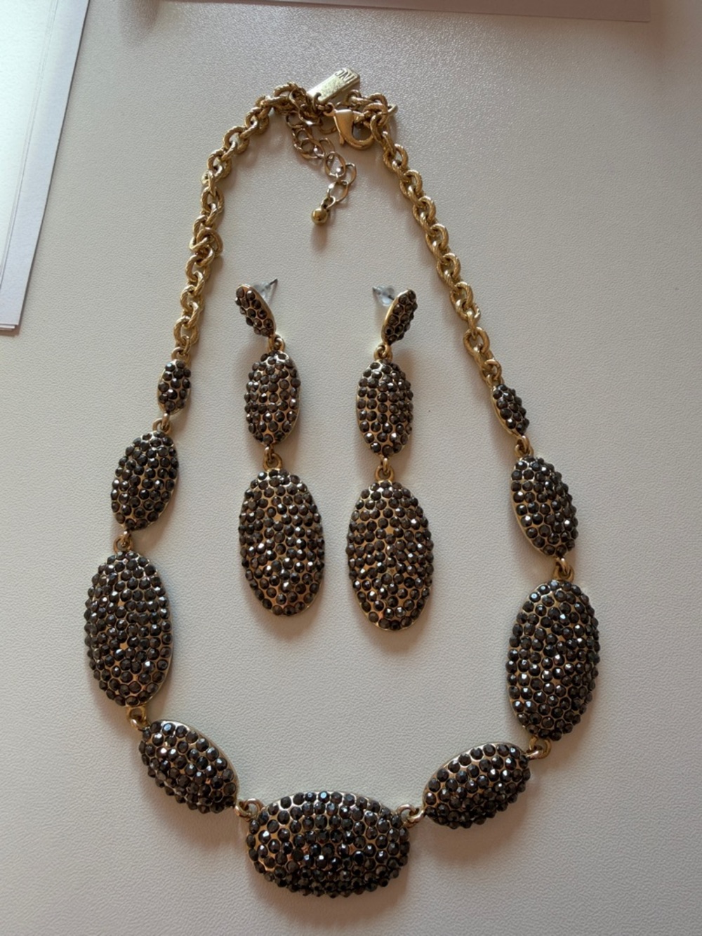 Jo Malone Gold-Tone Black Crystal Oval Necklace with Matching Drop Earrings